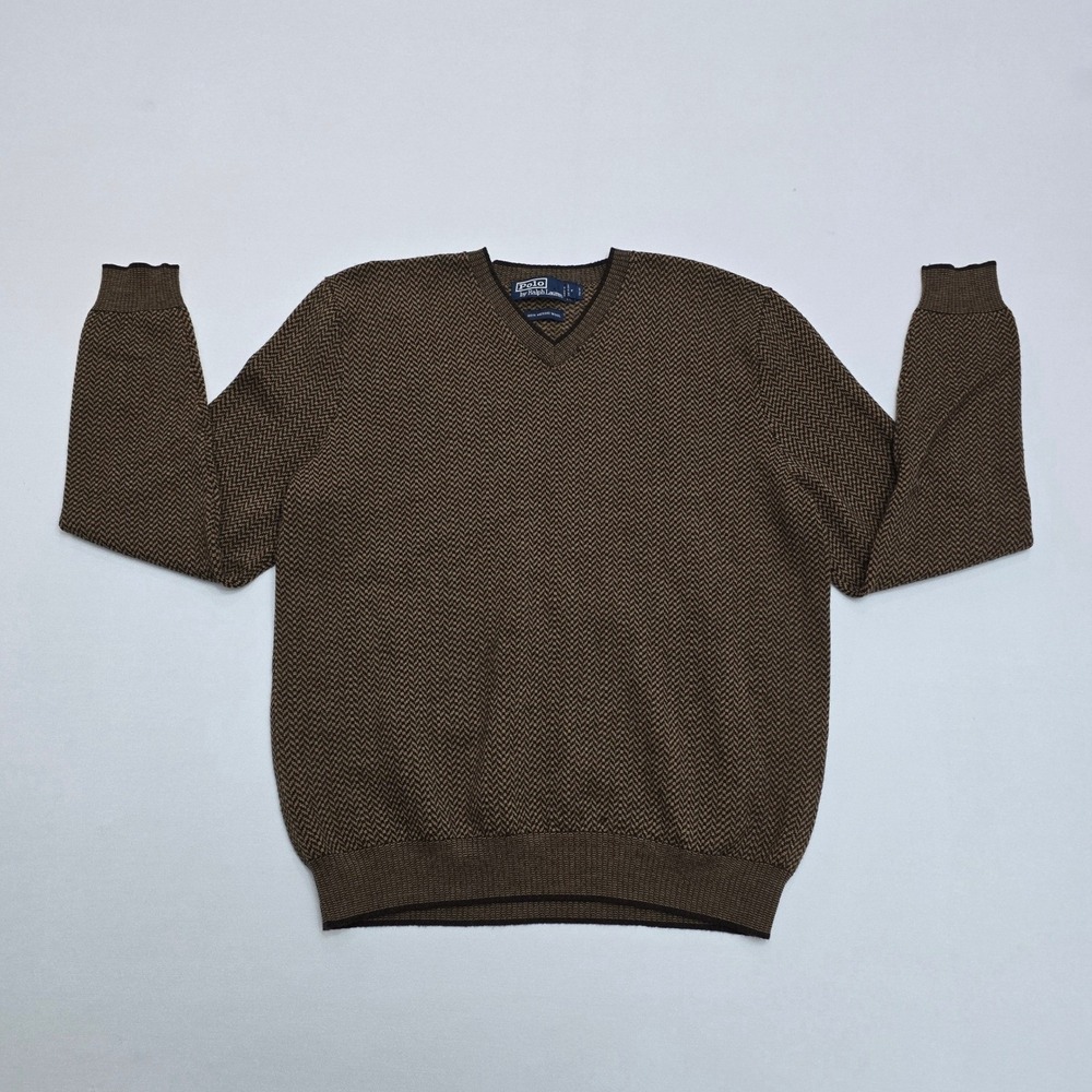 Polo Ralph Lauren Mens Brown Herringbone V-Neck 100%‎ Merino Wool Sweater Size M